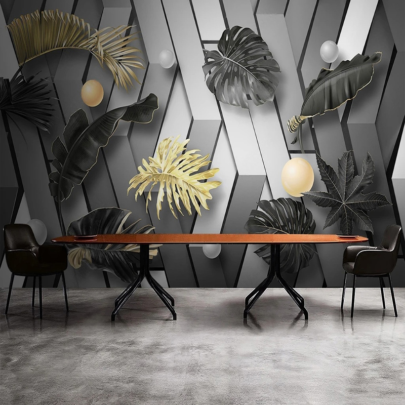 Interior Design With Wallpaper - Custom 3D Golden Leaf Wallpaper Mural
