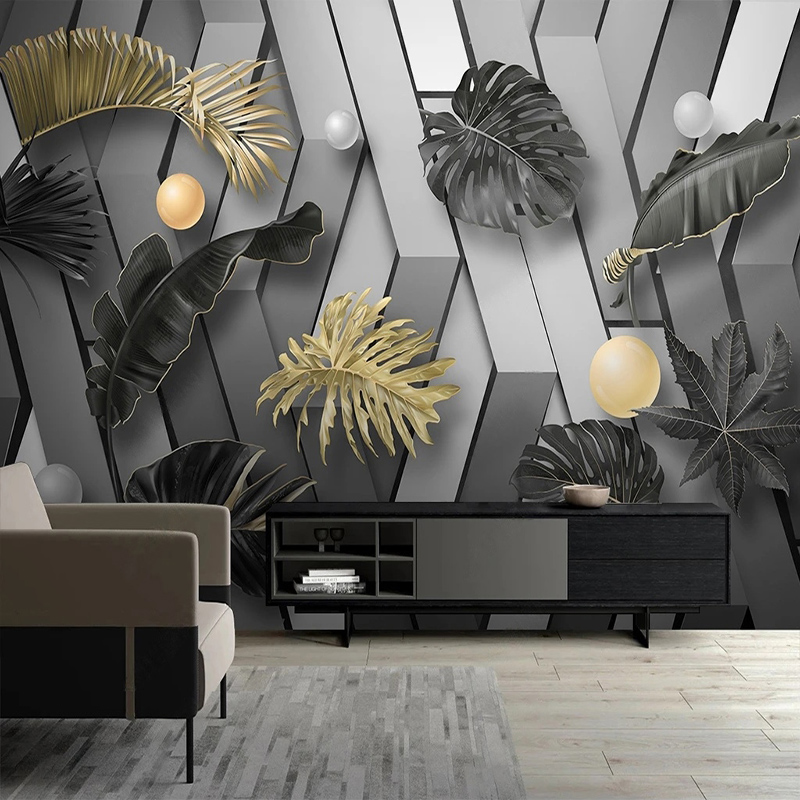 Custom 3D Golden Leaf Wallpape - Interior Design With Wallpaper recension och pris