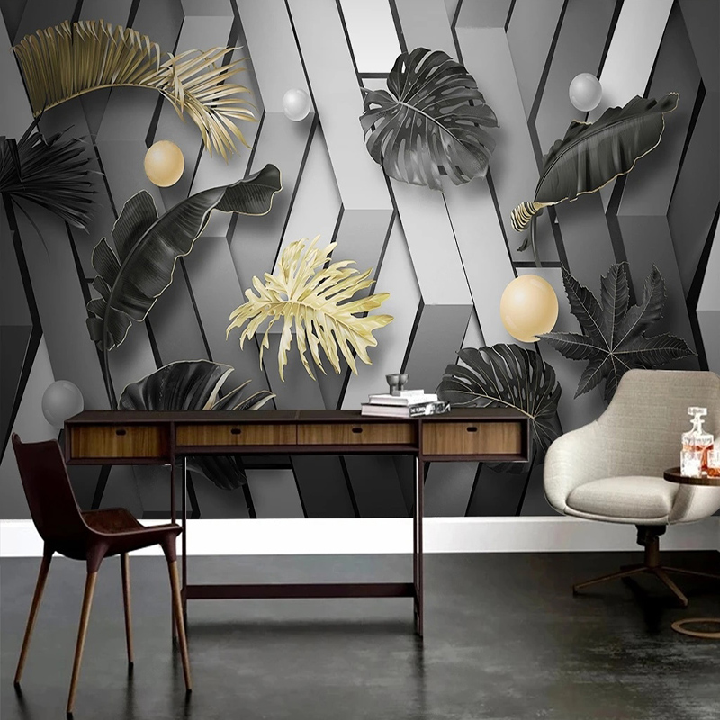 Custom 3D Golden Leaf Wallpape - Interior Design With Wallpaper recension och pris